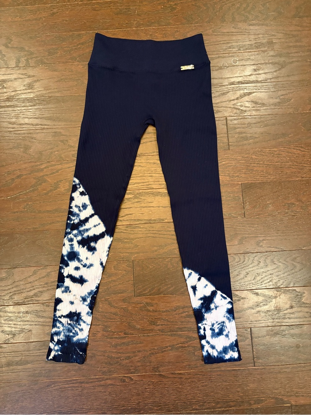 Bombshell Sportswear Navy Ribbed Leggings with White & Navy Tie-Dye Panels